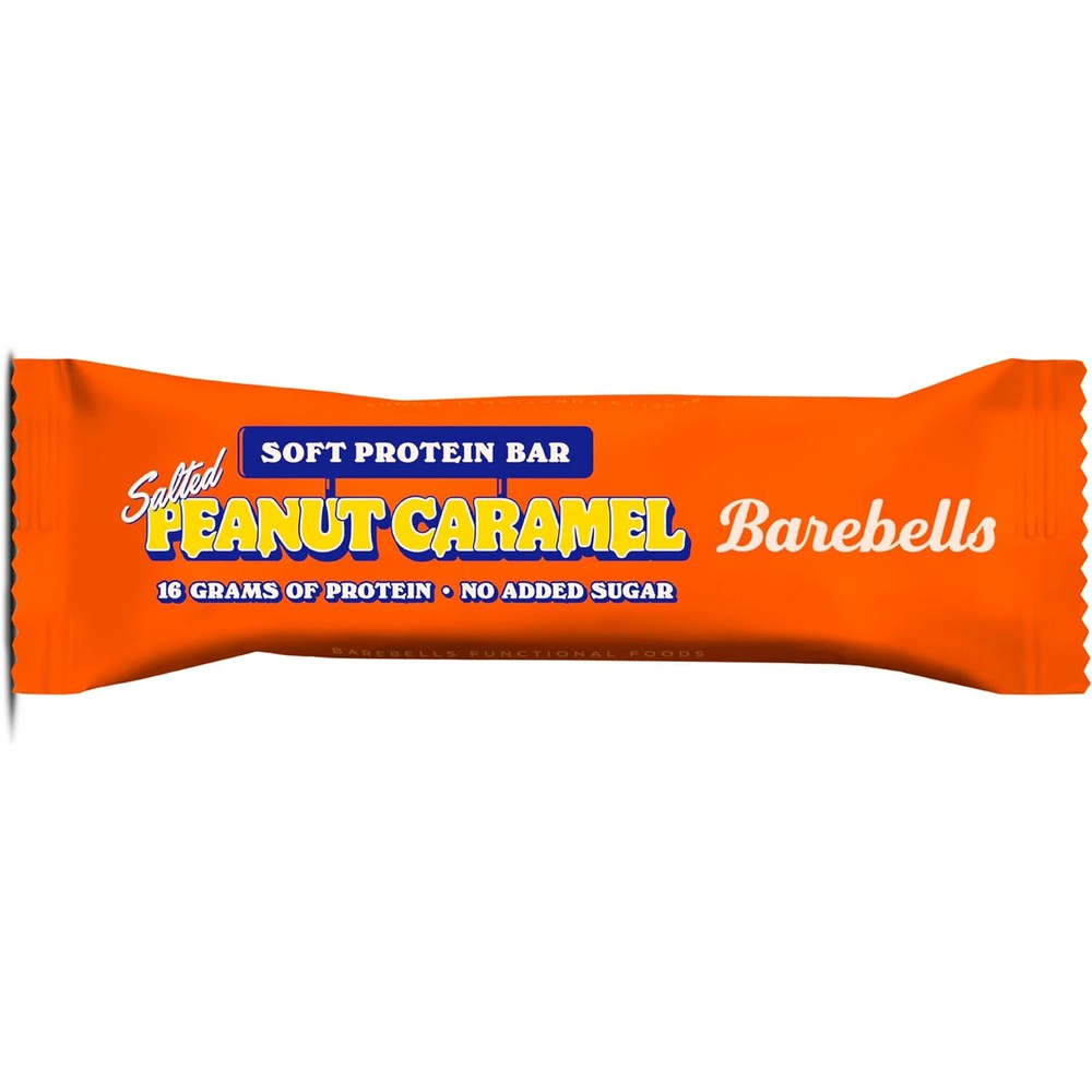 Barebells Soft Salted Peanut Caramel protein bar front packaging view showcasing the sixteen grams of protein highlight.