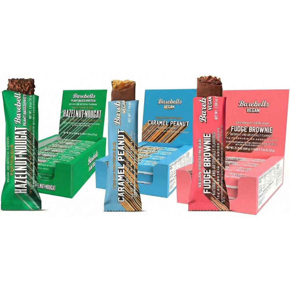 Barebells Vegan Protein Bars variety pack front view showing chocolate protein snack boxes.