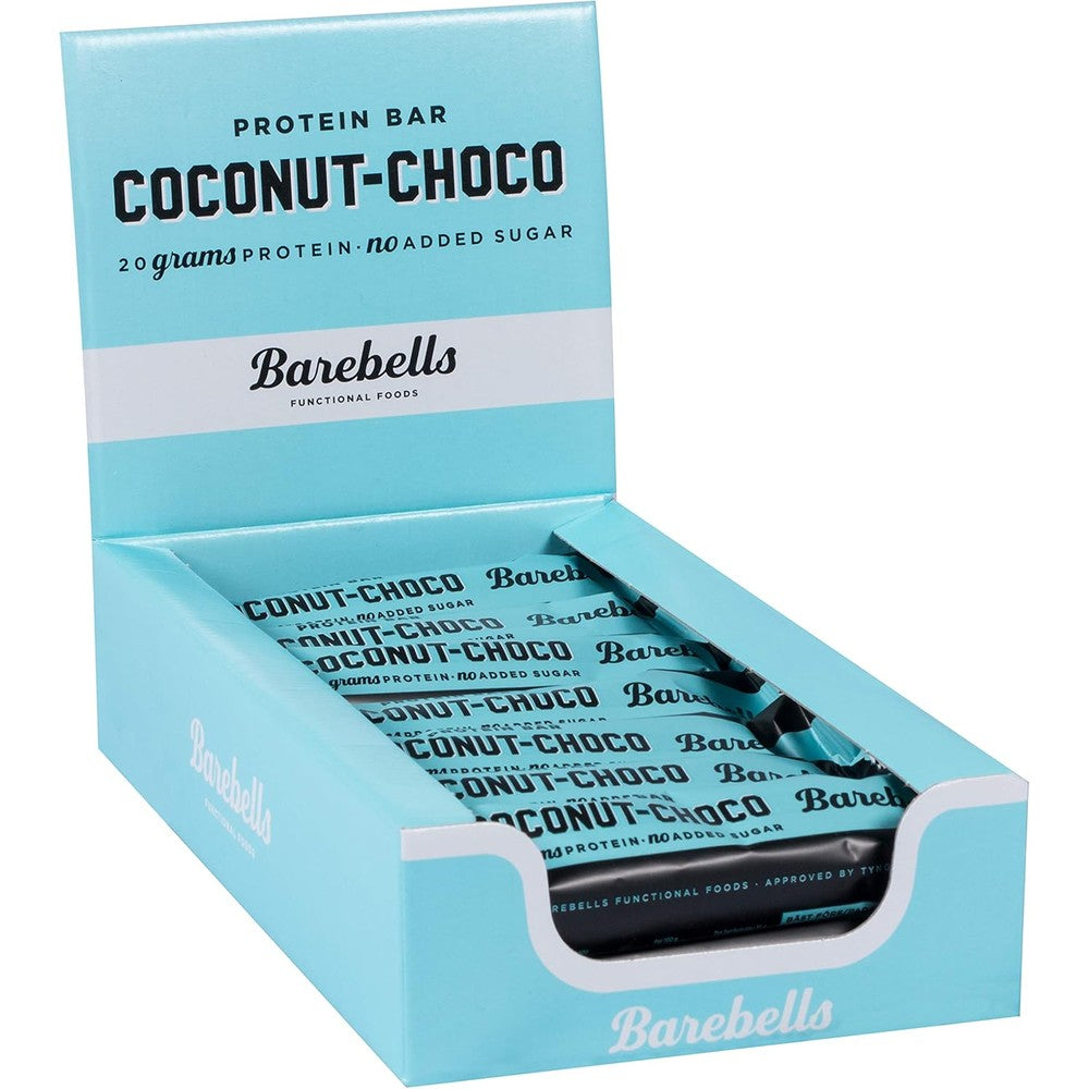 Barebells Coconut Choco Protein Bar Box front view showcasing authentic imported high protein nutrition snacks