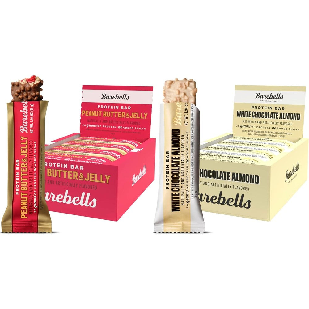Barebells Protein Bar Bundle front view showcasing White Chocolate Almond and Peanut Butter and Jelly packs.