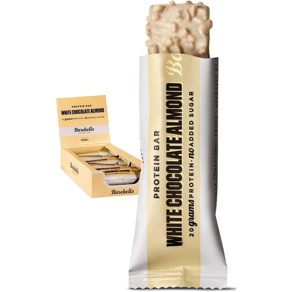 Barebells White Chocolate Almond protein bar packaging front view