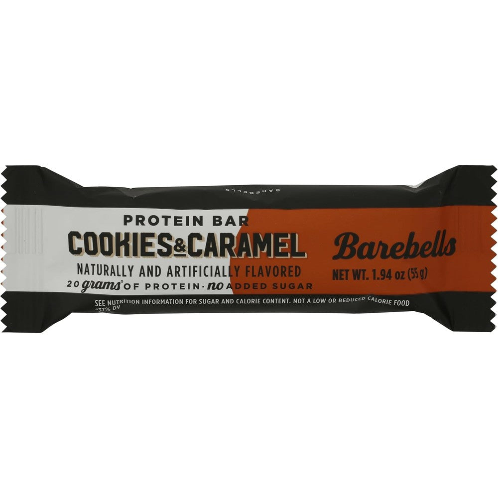 Barebells Cookies and Caramel Protein Bar front view showing packaging
