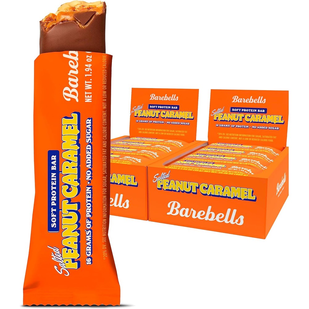 Barebells soft protein bars salted peanut caramel flavor front view showing bright orange wrapper package.