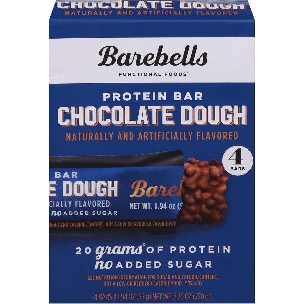 Barebells Protein Bar Chocolate Dough four pack showing the front view of the packaging.