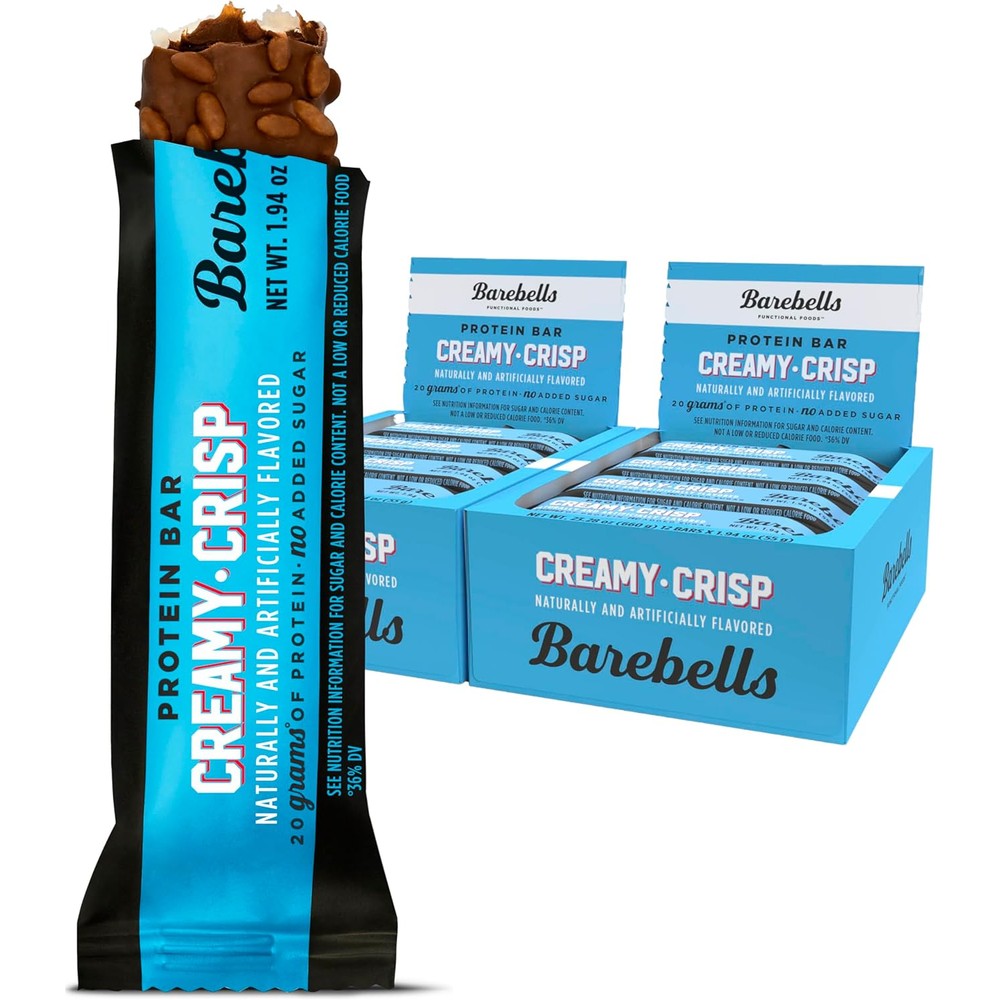 Barebells Creamy Crisp protein bar packaging front view highlighting twenty grams protein benefit