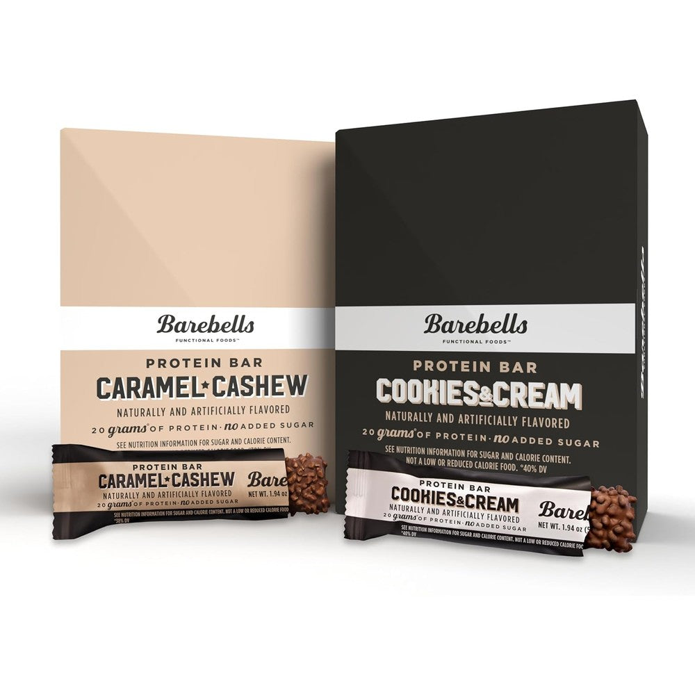 Barebells protein bar variety pack front packaging view featuring caramel cashew and cookies and cream.