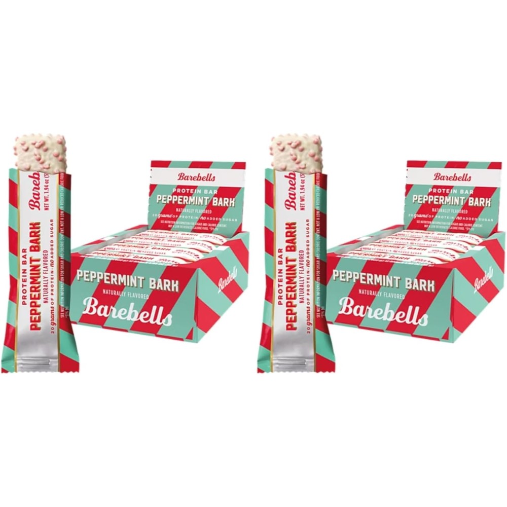 Barebells Peppermint Bark Protein Bars front view of packaging showcasing the white chocolate coating.