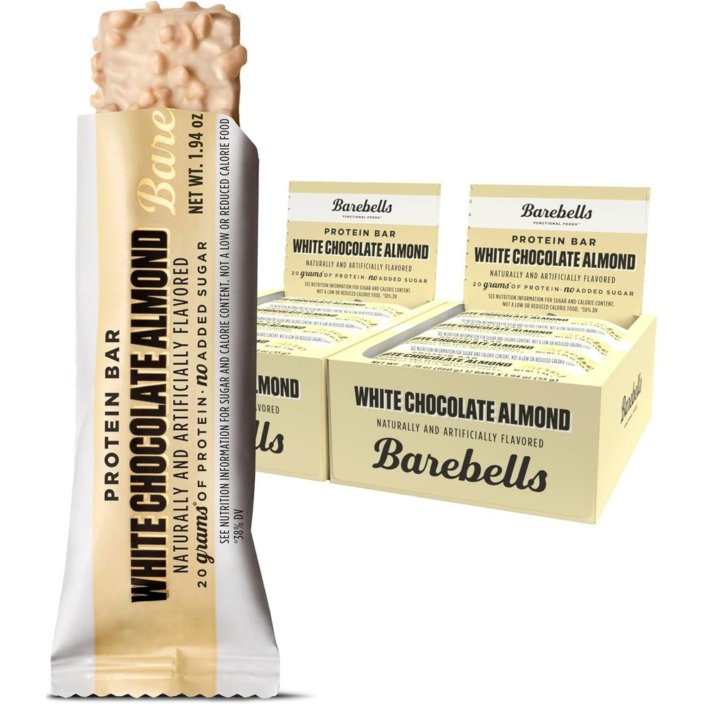 Barebells White Chocolate Almond Protein Bars front pack of two premium snack