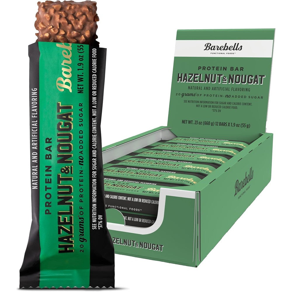 Barebells Hazelnut and Nougat protein bars front package view showcasing twenty grams protein.