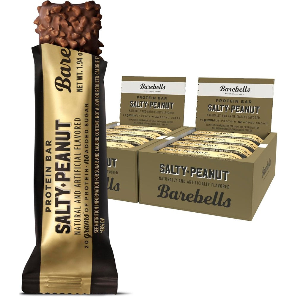 Barebells Salty Peanut protein bar front view showcasing high protein packaging.