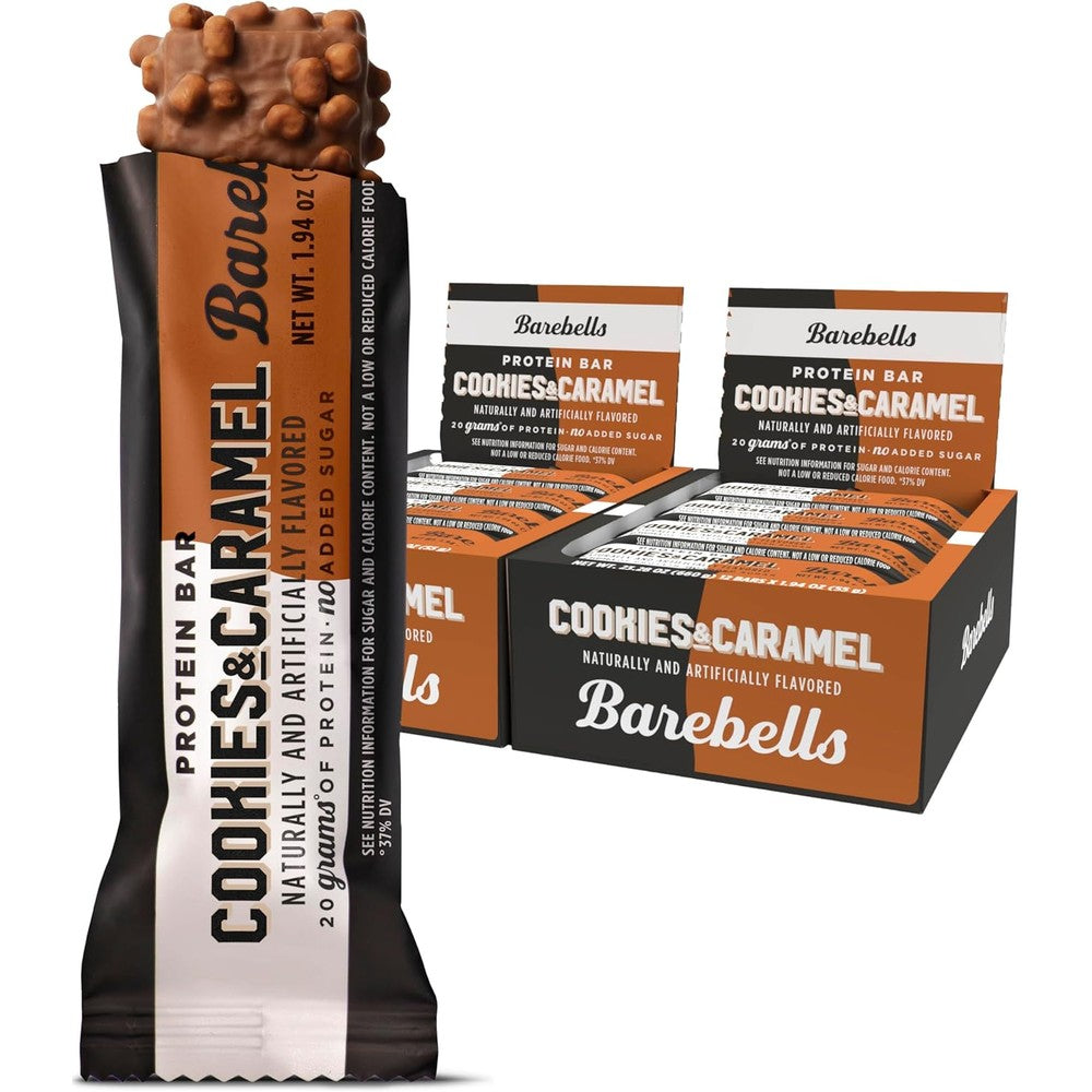 Barebells Cookies and Caramel protein bars 24 pack front view packaging