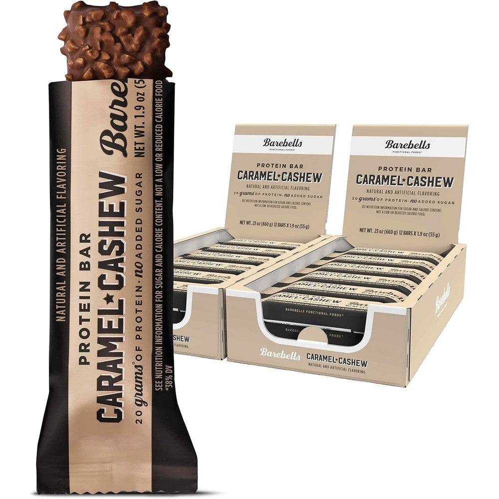 Barebells Caramel Cashew protein bars front view showing premium USA packaging.