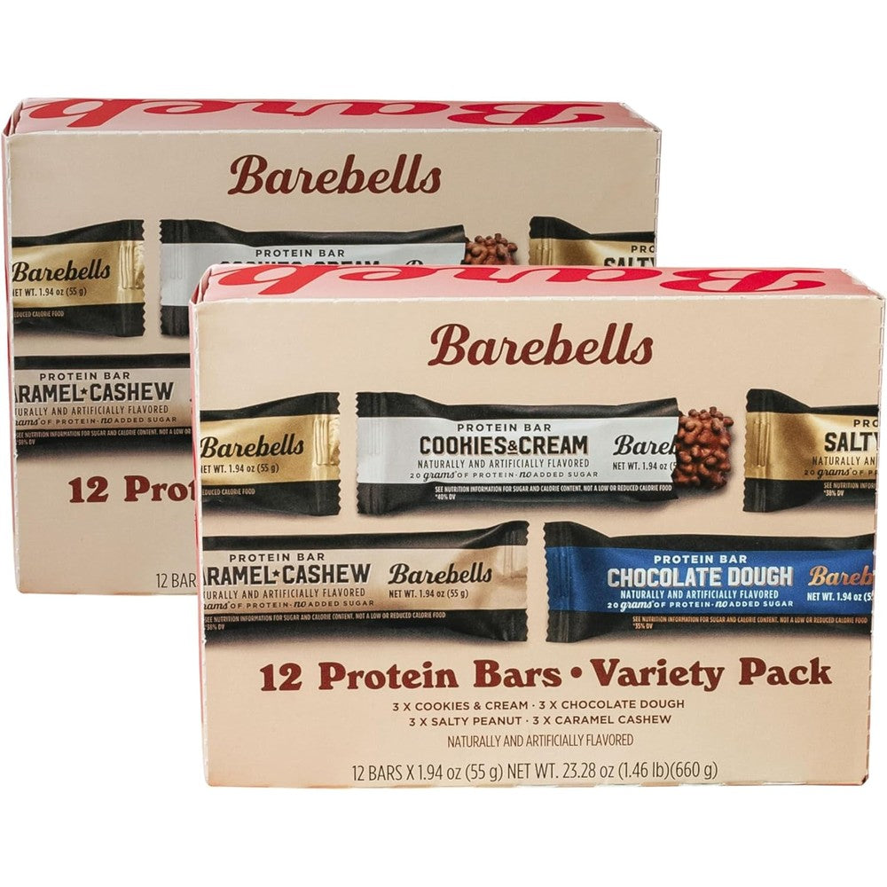 Barebells Protein Bars Variety Pack front view showing twenty-four chocolate nutrition bars.