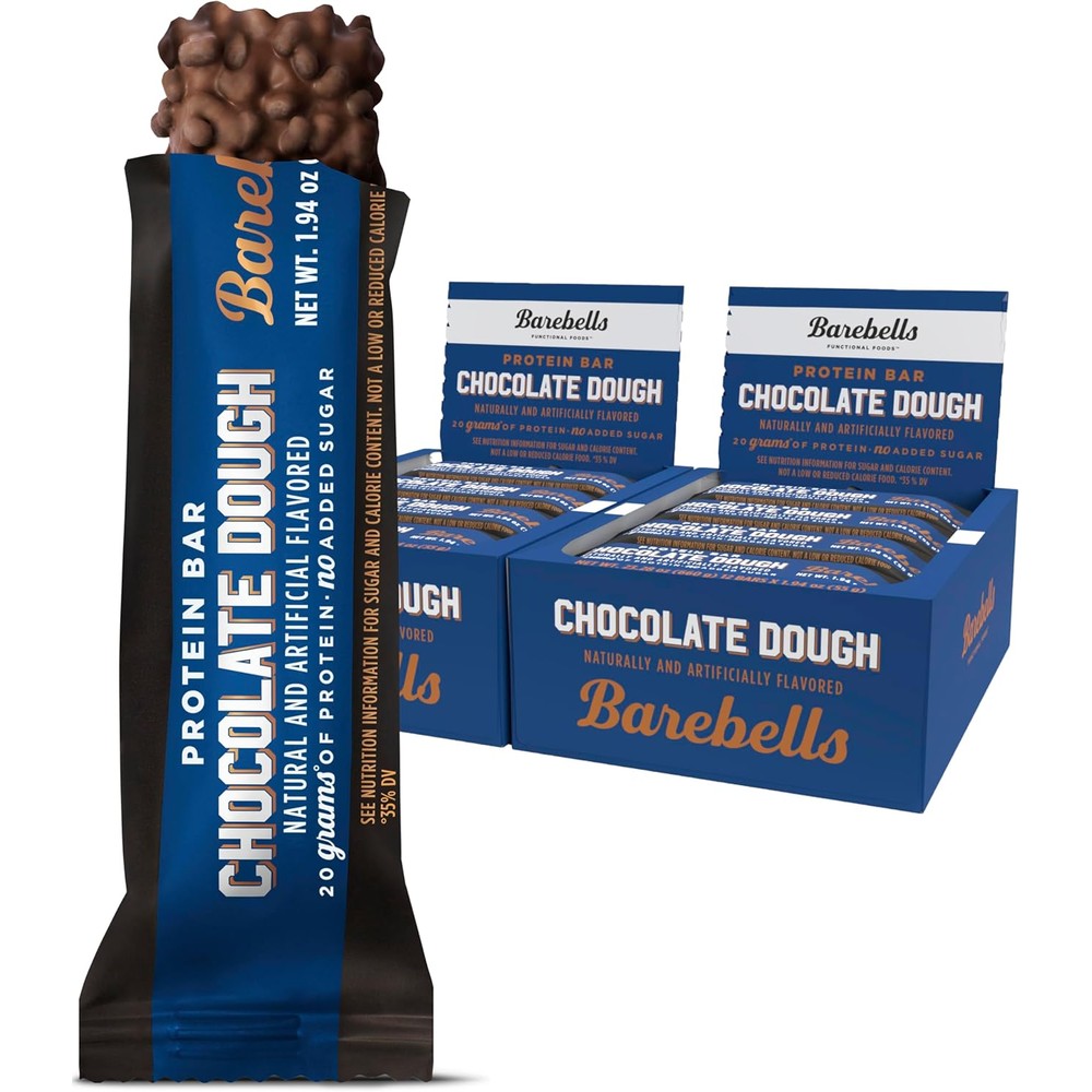 Barebells Chocolate Dough protein bars front view showing packaging for fitness snacks.