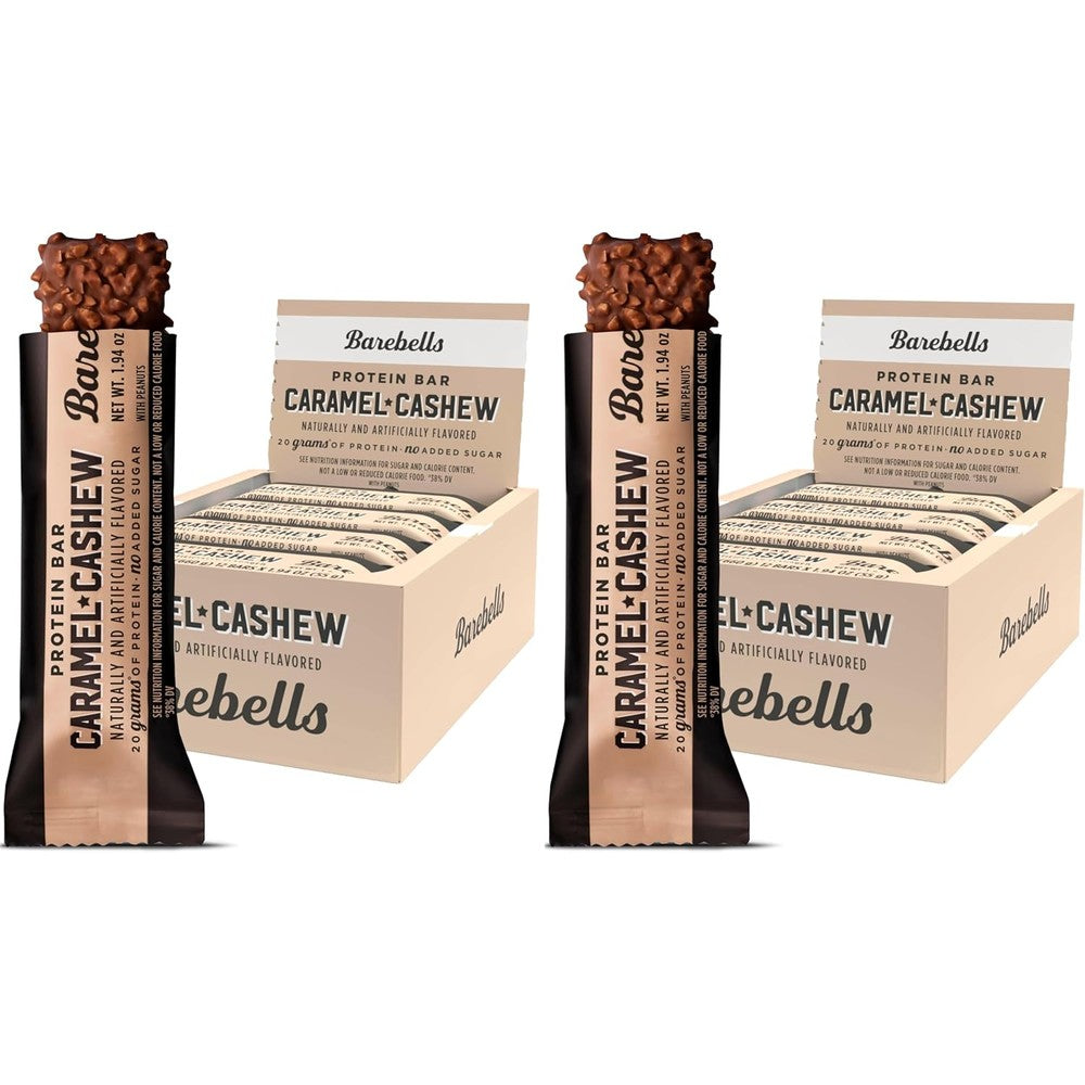 Barebells Caramel Cashew protein bars front packaging view showing nutritional highlights