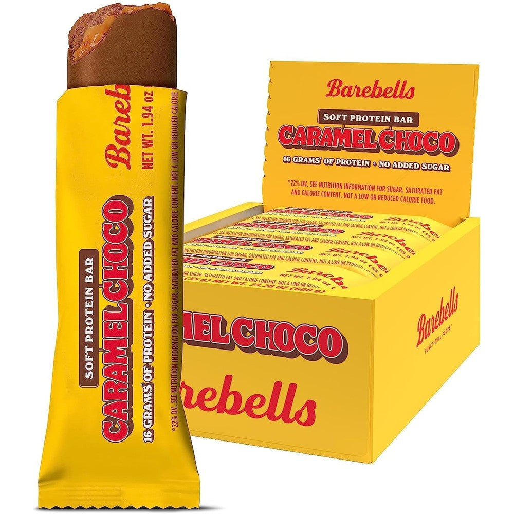 Barebells Soft Protein Bars Caramel Choco front view of the package showcasing sixteen grams of protein.