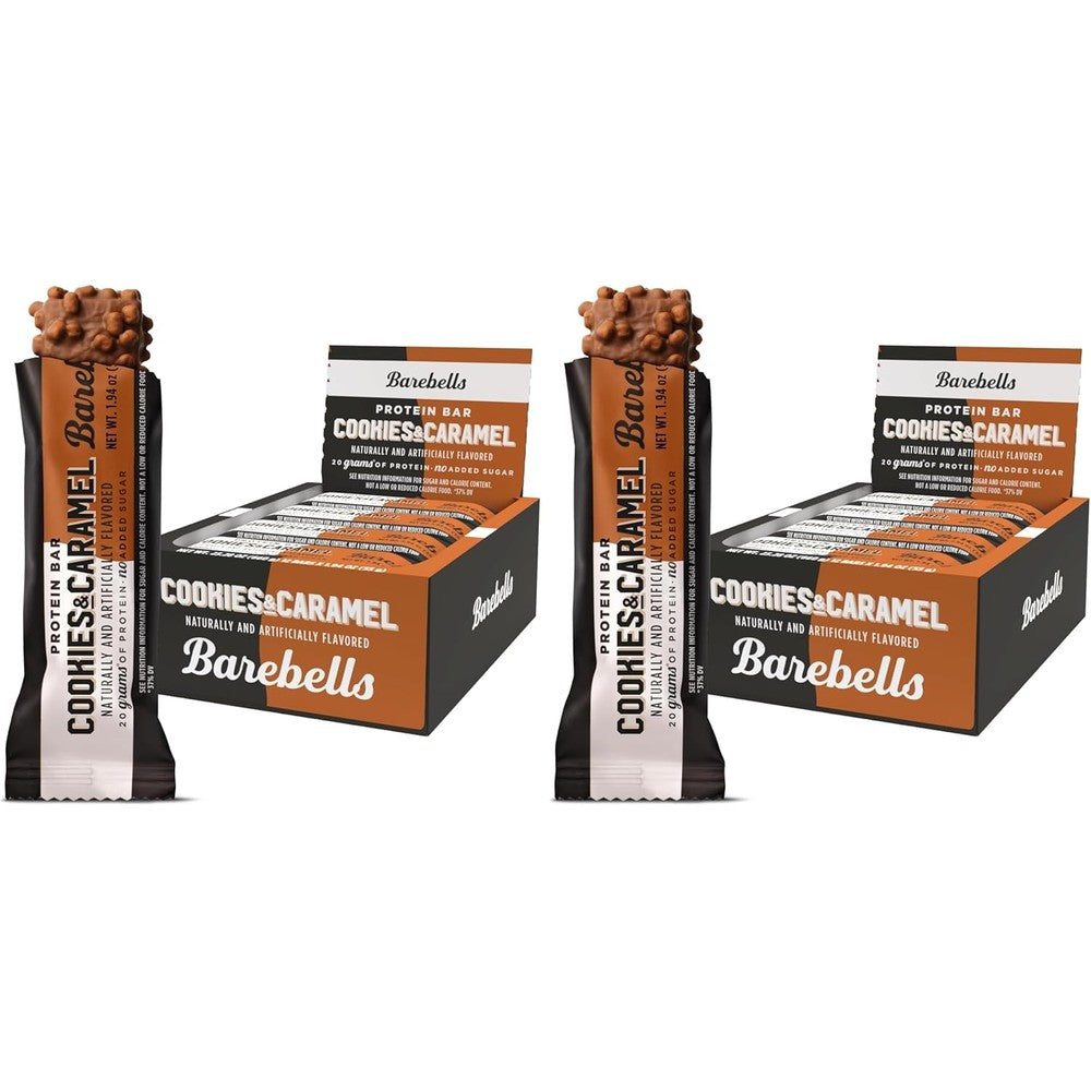 Barebells Cookies and Caramel Protein Bars 12 Count front packaging view showcasing high protein snack