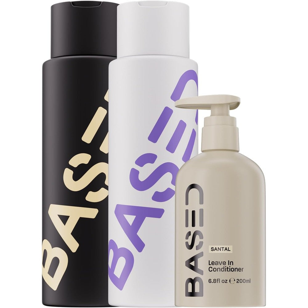 BASED BODYWORKS Shampoo Conditioner and Leave In Deluxe Bundle three pack front view on retail shelf