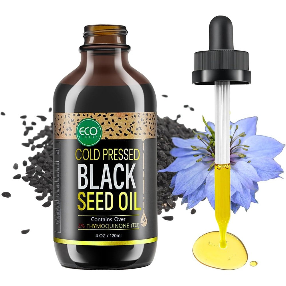 Eco Finest Cold Pressed Black Seed Oil 120ml front view showing the amber glass bottle packaging.
