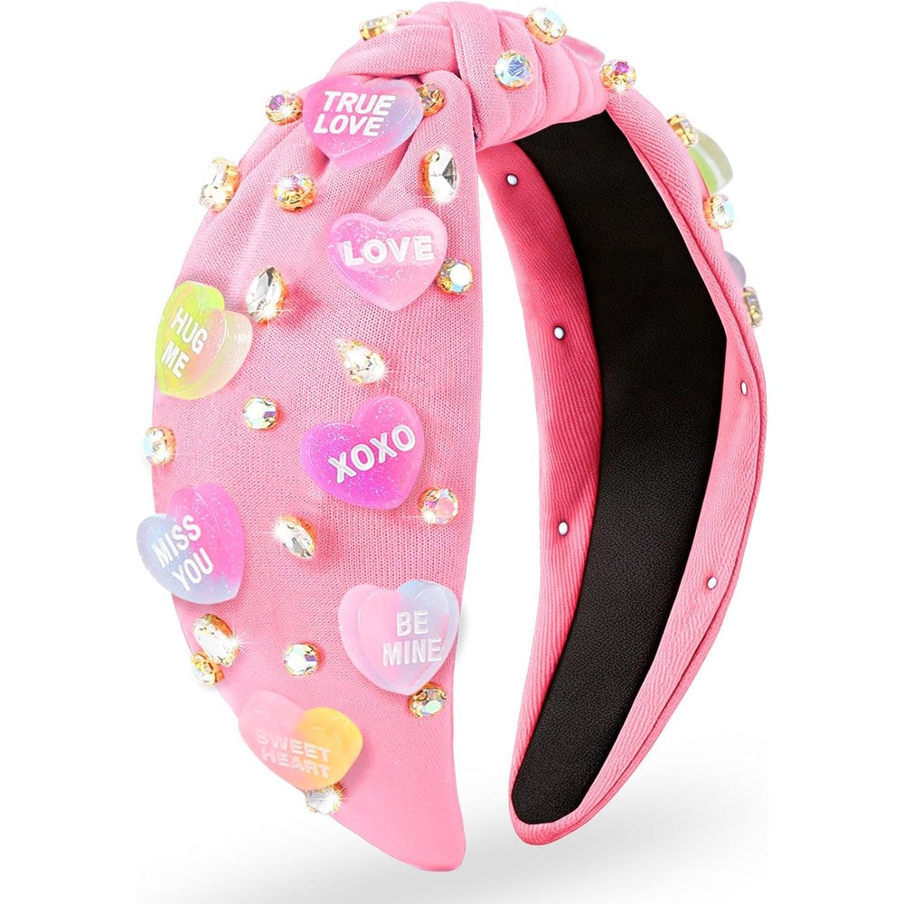 BEFIVECOK Valentine's Day pink gradient heart knotted headband front view showcasing rhinestone crystals