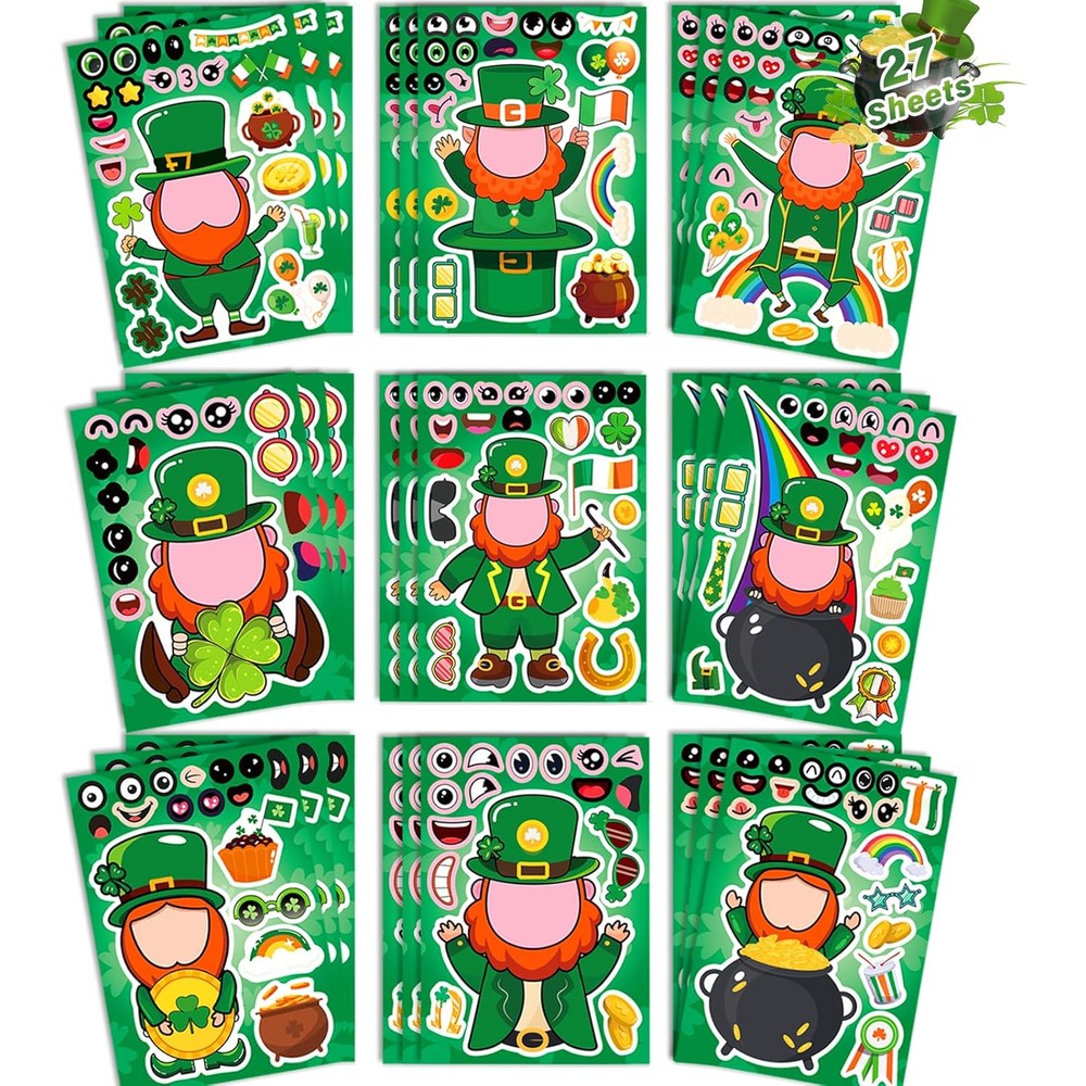 27 Sheets St Patricks Day Stickers for Kids - Leprechaun Make a Face & Shamrock & Four Leaf Clover Stickers for Irish Green Saint Patrick's Day, DIY Classroom Gifts Crafts Games Party Favors Supplies