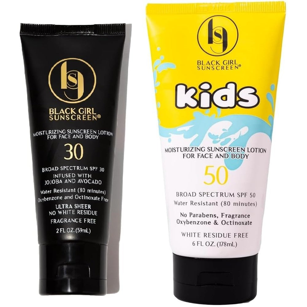 BLACK GIRL SUNSCREEN - Ultimate Face & Body Sunscreen Bundle - Moisturizing SPF 30 Sunscreen for Adults & Large SPF 50 for Kids, No White-Residue (2 Fl. Oz. & 6 Oz.)