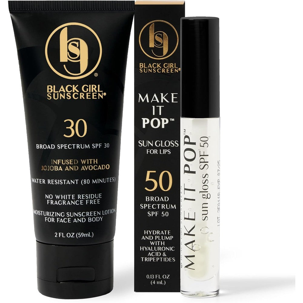 Black Girl Sunscreen SPF 30 Lotion & Make It Pop Sungloss - Sun Protection for Face & Body, Clear SPF Lip Gloss, Travel Size, No White Cast for Melanin Rich Skin - 2 Pack