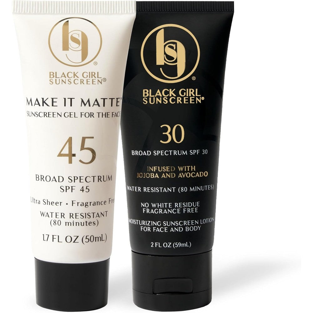 Black Girl Sunscreen SPF 30 for Face & Body + Make it Matte SPF 45 Gel Sunscreen - Sun Protection for Skin, Sun Lotion for Women, Ultra Sheer, Travel Size, No White Cast for Melanin Rich Skin - 2 Pack