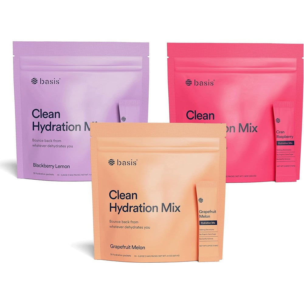 Basis Electrolyte Powder Mix front view of three flavor variety pouches showing ninety hydration stick packets.