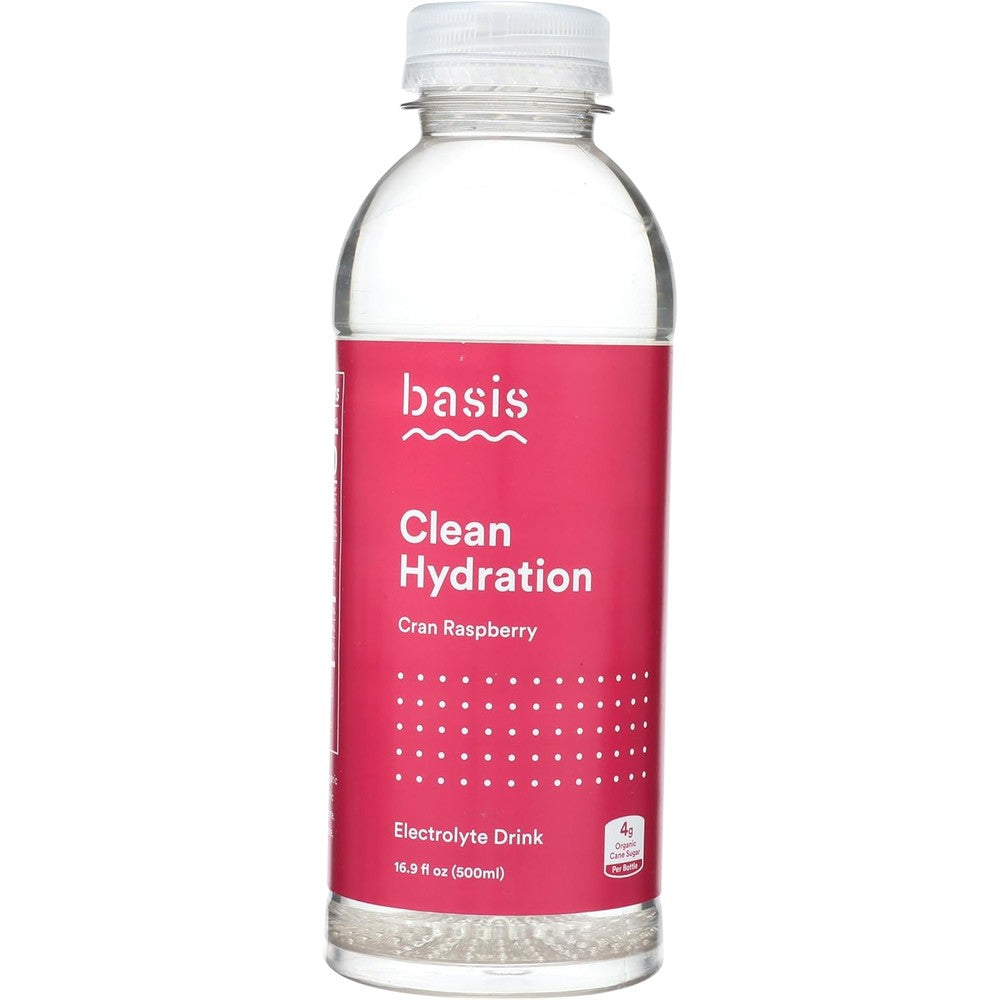 Basis Cran Raspberry Clean Hydration Electrolyte Drink 16.9 Fluid Ounce bottle front view showing product packaging.
