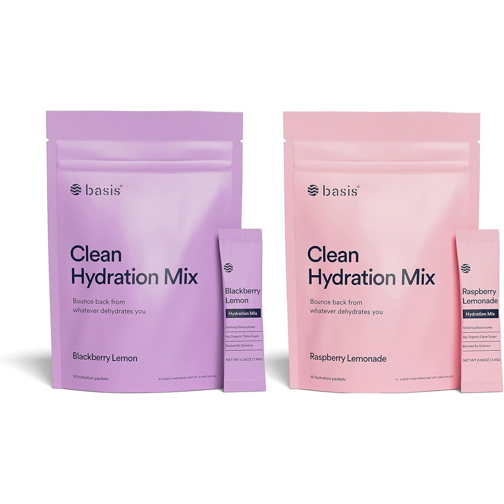 Basis Electrolyte Powder Mix packaging front view showing hydration benefits