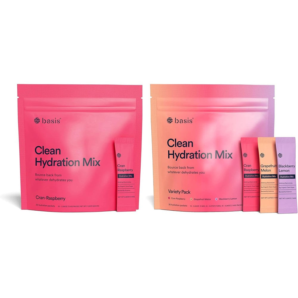 Basis Electrolyte Powder Mix variety pack front view showing premium imported clean hydration stick packs