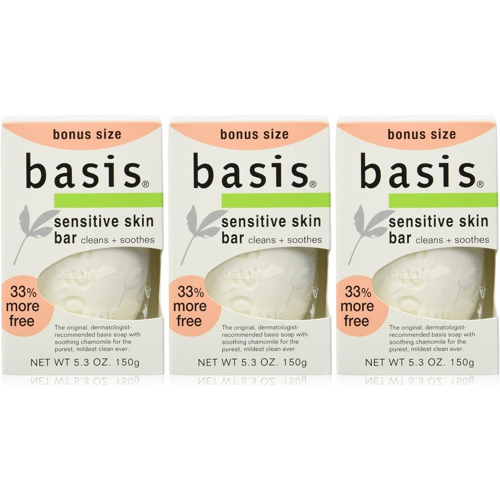 Basis Sensitive Skin Bar Soap three pack front packaging displaying authentic USA imported cleansing bars.