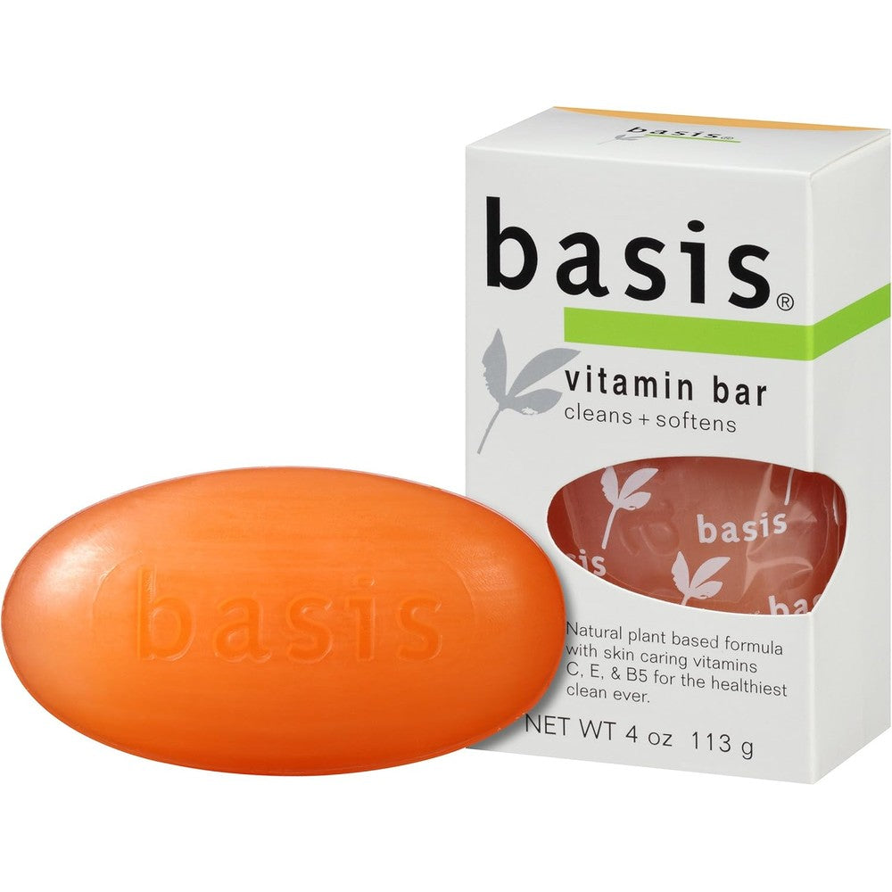 Basis Vitamin Bar Soap front packaging showing vitamin C E and B5 body wash features.