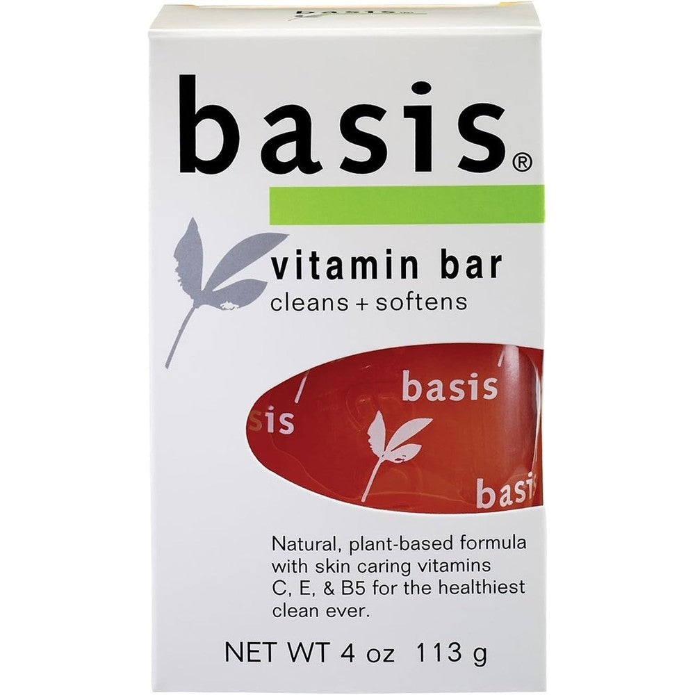 Basis Vitamin Enriched Cleansing Bar 4 Pack front view showing the product packaging with key vitamins C, E, and B5 listed.