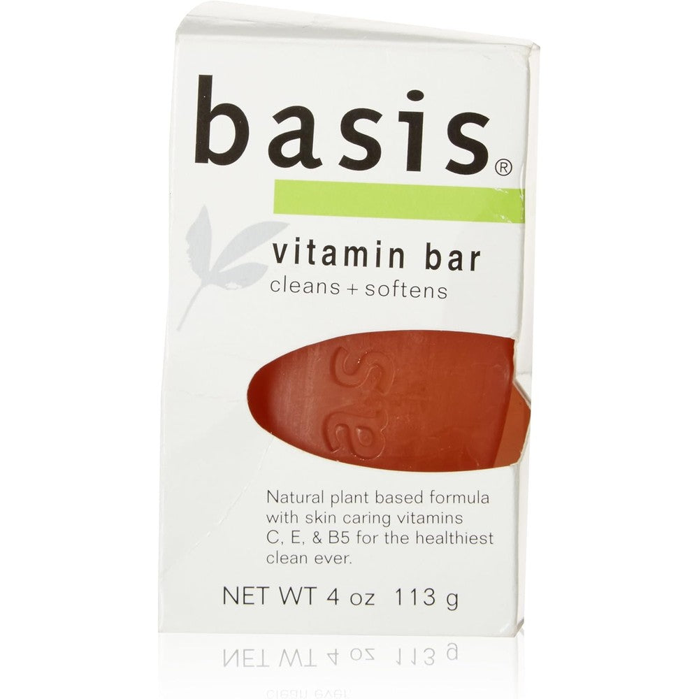 Basis Vitamin Soap Bar front view packaging displaying the plant based cleansing formula for all skin types.