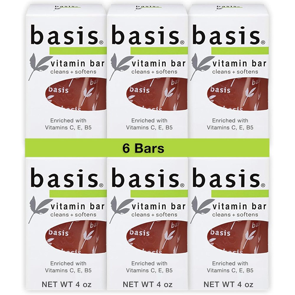 Basis Vitamin Bar Soap six pack front view packaging showing multivitamin benefits for all skin types.