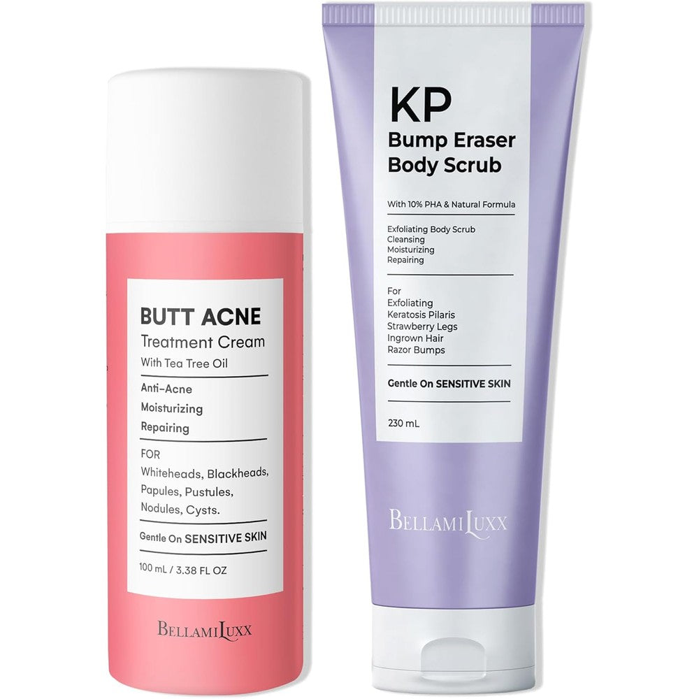 BellamiLuxx Butt Acne Clearing Lotion + KP Bump Eraser Body Scrub, Dual Action