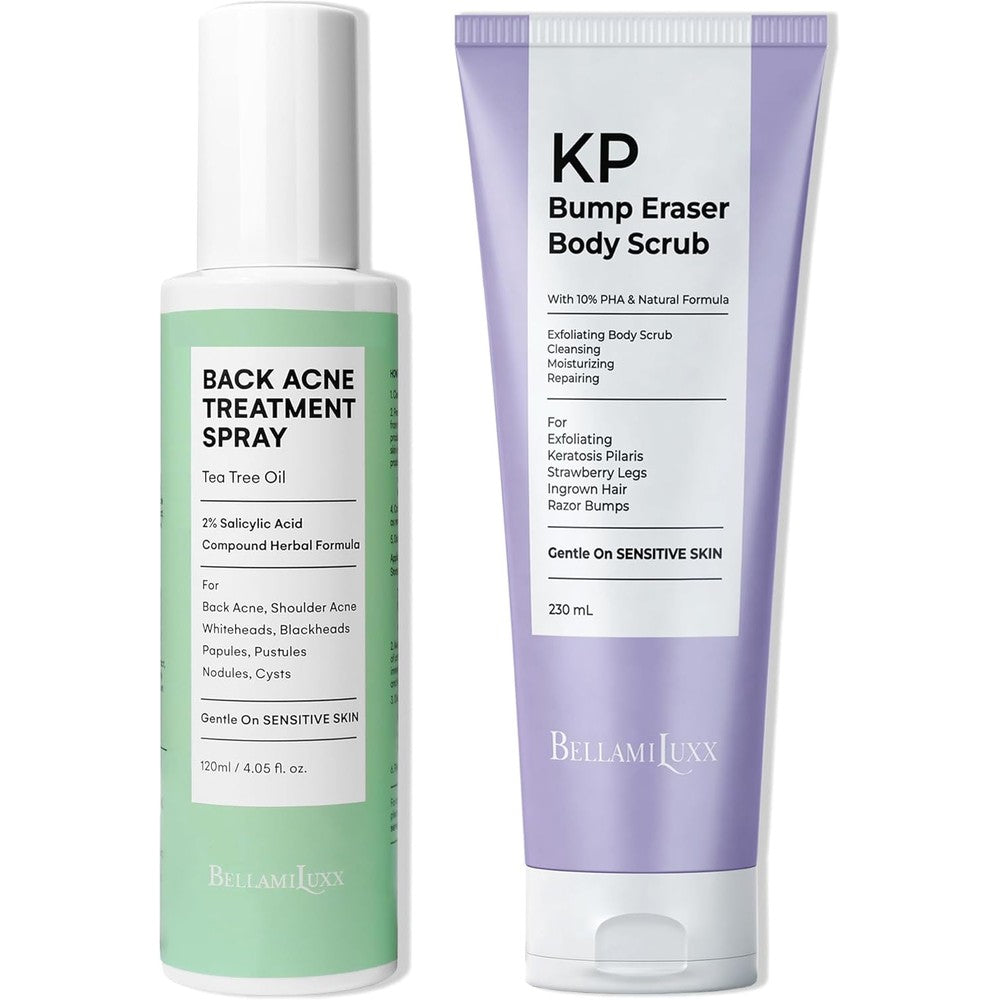 First Aid Beauty Back Acne Spray and KP Bump Eraser Body Scrub Set front view showcasing packaging.