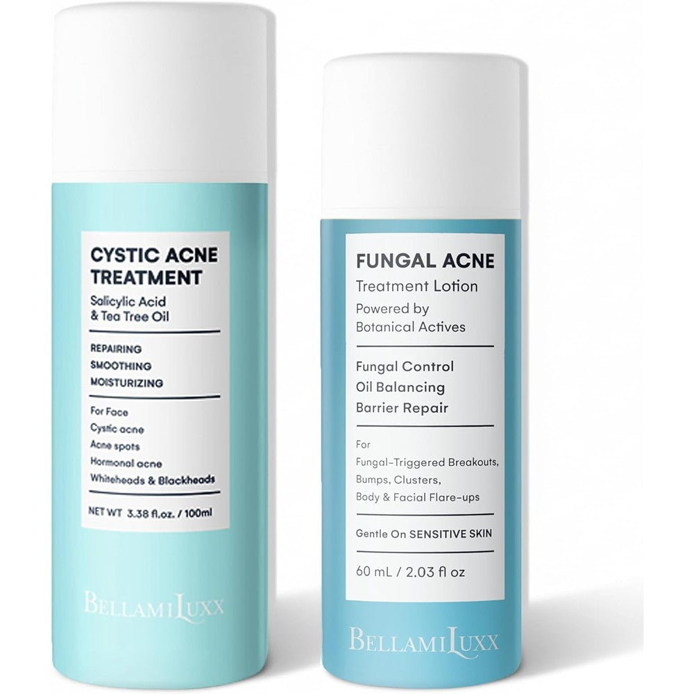 BellamiLuxx Acne Treatment Lotion Bundle front view of the complete three piece skincare kit for clear skin.