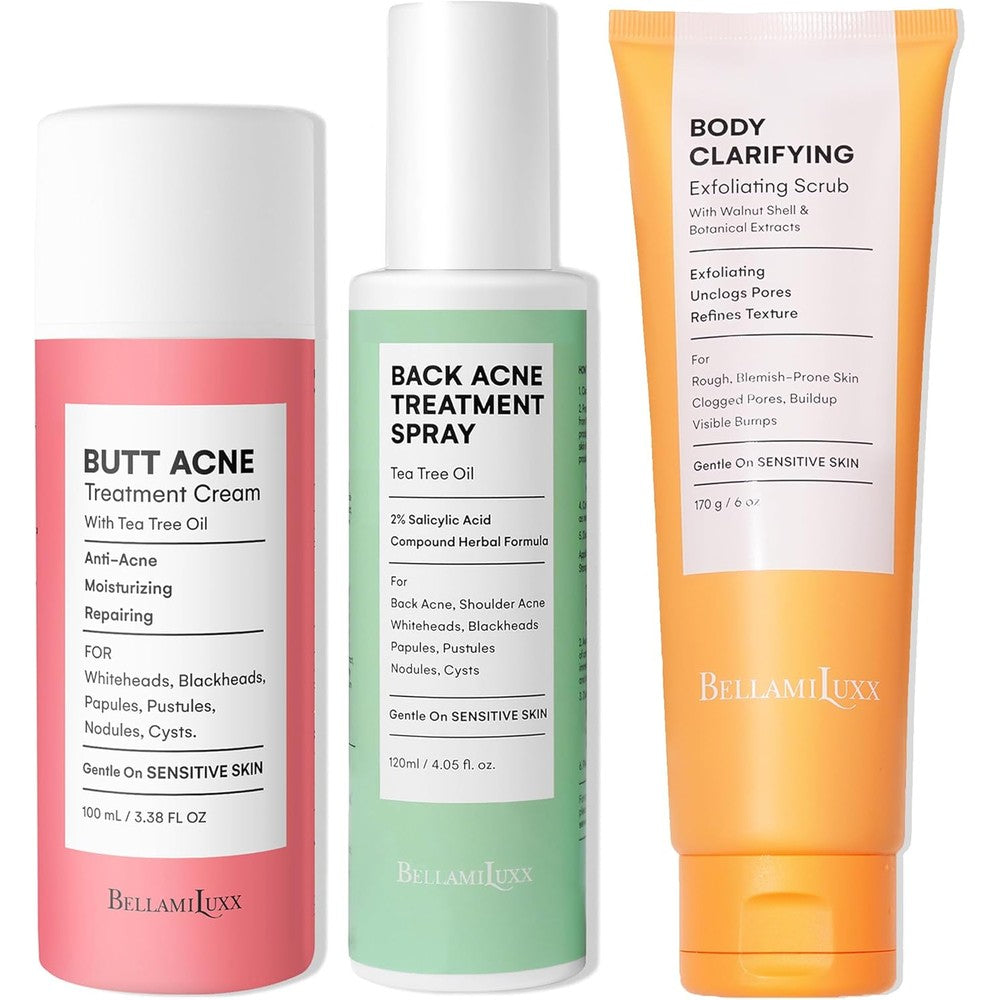 BellamiLuxx Full-Body Acne Care Set front view showing the complete three piece treatment system for clear skin.