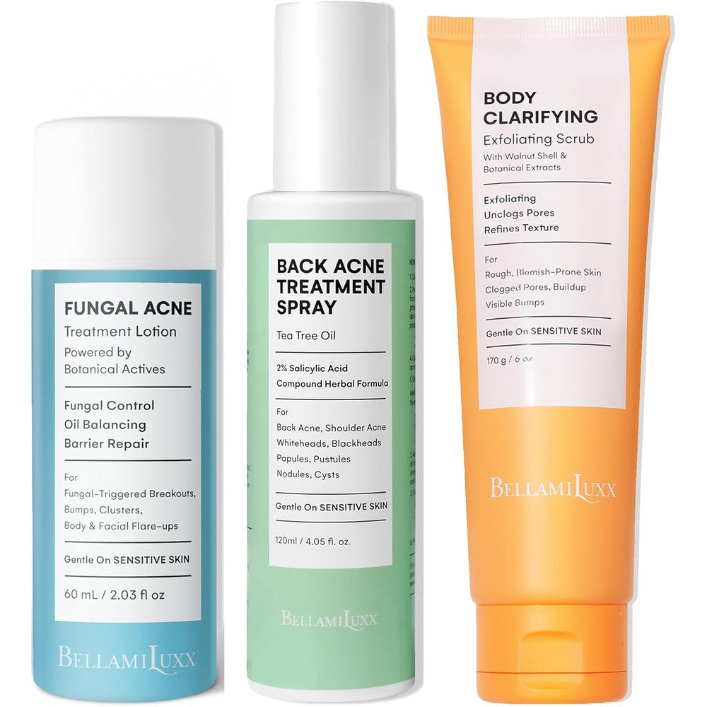 BellamiLuxx Fungal Acne Lotion + Back Acne Spray + Body Acne Scrub 3 Step