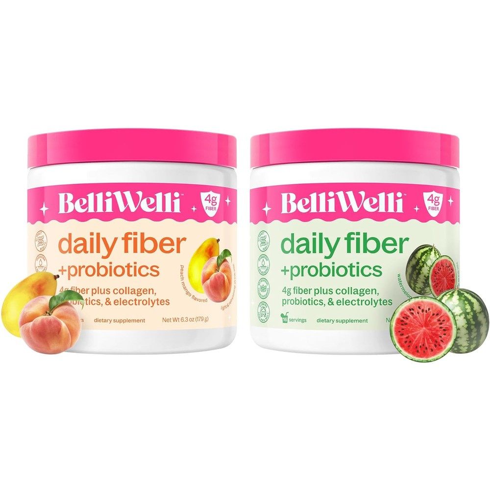 Belli Welli Daily Fiber Supplement Bundle front view showing peach mango and watermelon packaging