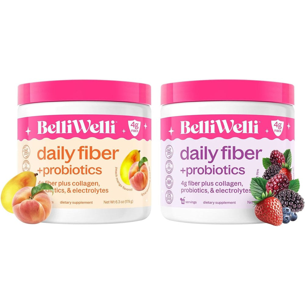 BelliWelli Daily Fiber Supplement Bundle front view packaging showing Peach Mango and Wild Berry flavors for gut health