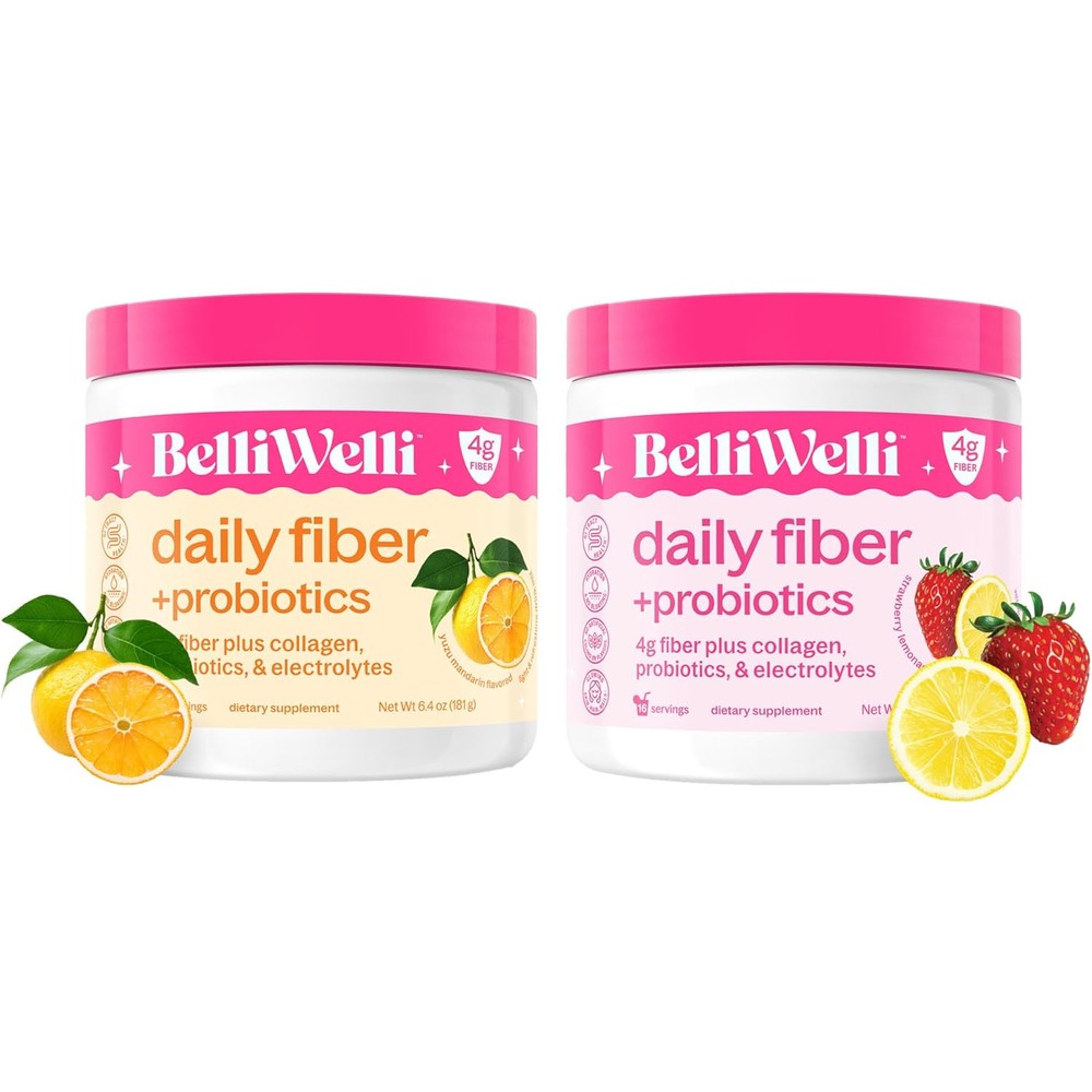 BelliWelli Daily Fiber Supplement Bundle front view showing Strawberry Lemonade and Orange Yuzu Mandarin packaging