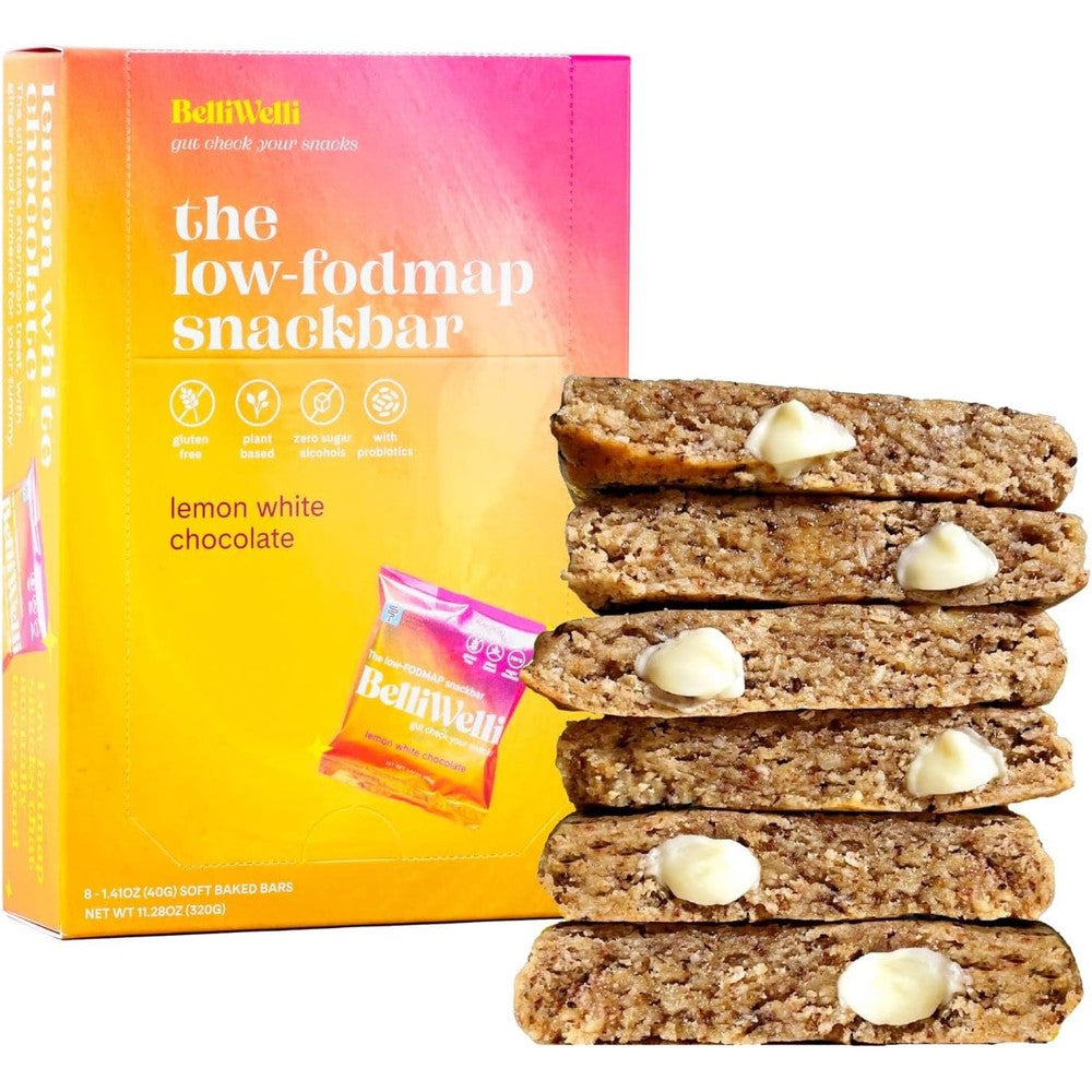 BelliWelli Lemon White Chocolate Probiotic Snack Bar front view of the 8 pack box packaging.