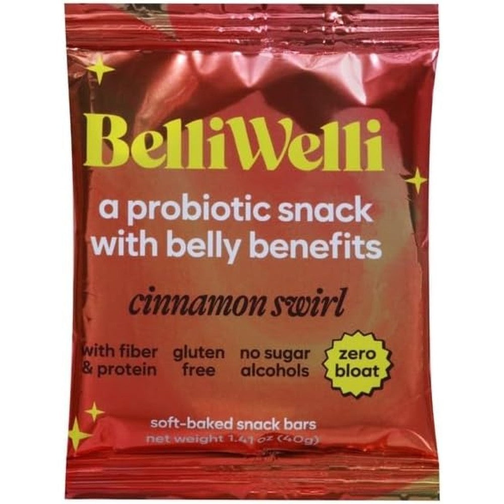 BelliWelli Cinnamon Swirl probiotic snack bar front view packaging for gut health.
