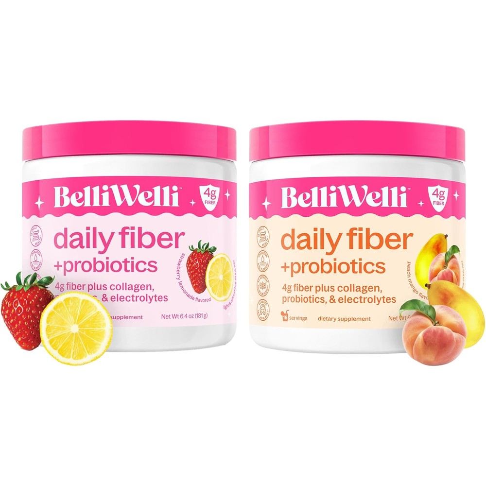 BelliWelli Daily Fiber Supplement Bundle front view packaging showing peach mango and strawberry lemonade flavors.
