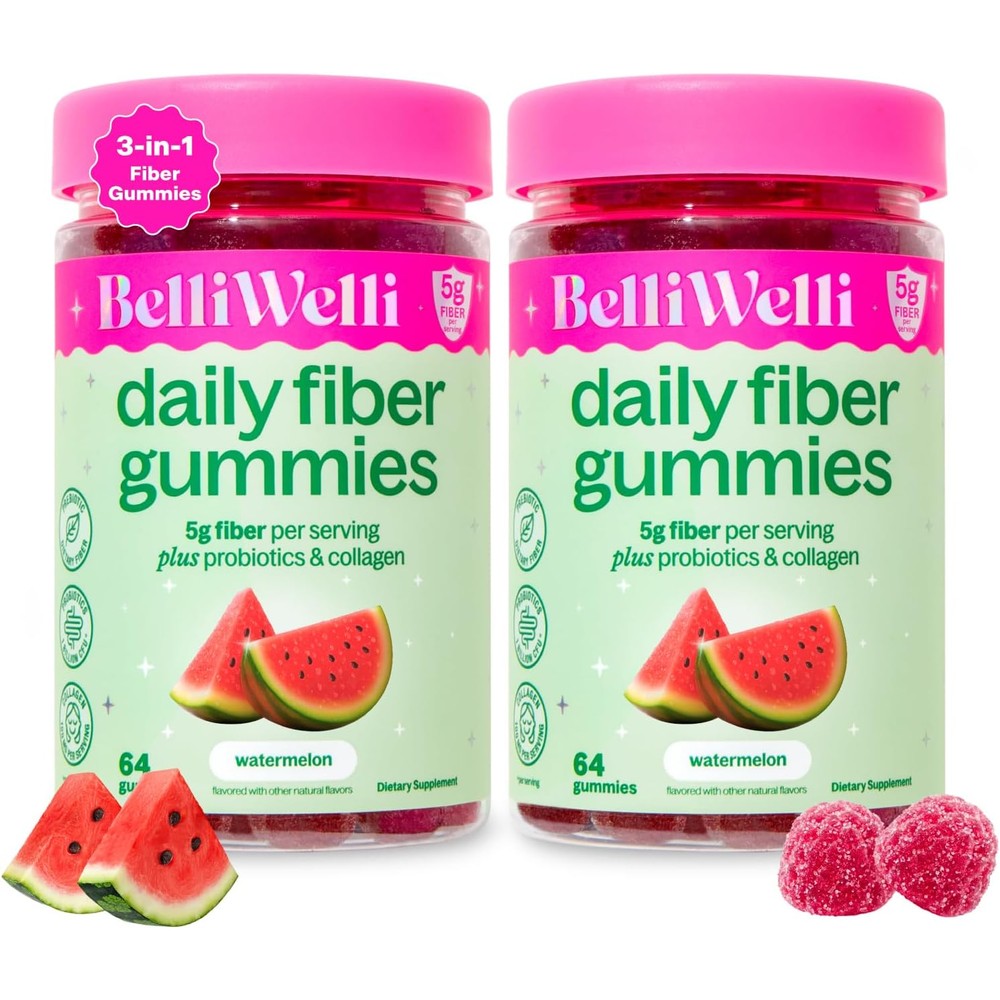 BelliWelli 3-in-1 Fiber Gummies Watermelon Twin Pack front view showing supplement bottles