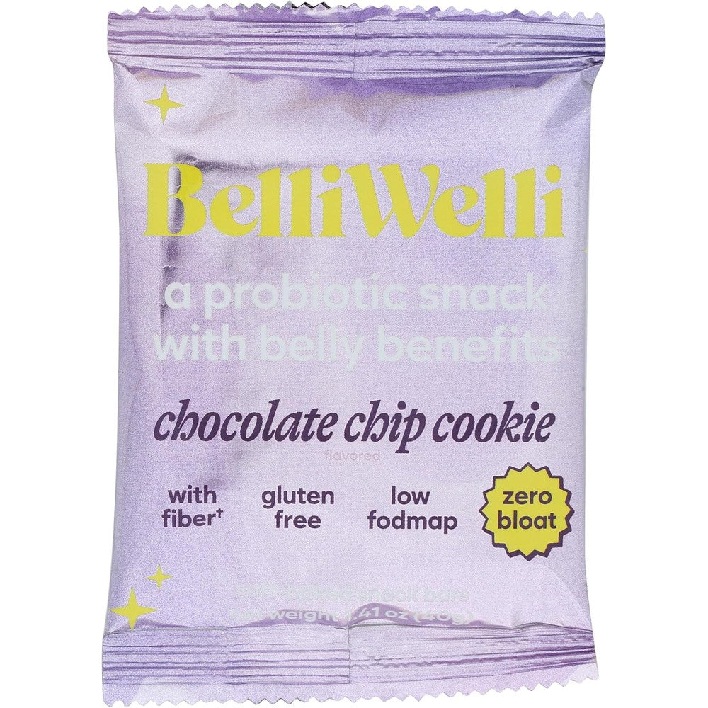 BelliWelli Snackbar Chocolate Chip Cookie box front view showing probiotic claims.